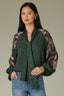 Hunter Green Papaya Long Blouson Raglan Sleeve Buttoned Cuff Stand Collar Split Neck Tie Shirttail Hem Floral Placement Print Woven Top