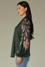 Hunter Green Papaya Long Blouson Raglan Sleeve Buttoned Cuff Stand Collar Split Neck Tie Shirttail Hem Floral Placement Print Woven Top