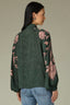 Hunter Green Papaya Long Blouson Raglan Sleeve Buttoned Cuff Stand Collar Split Neck Tie Shirttail Hem Floral Placement Print Woven Top