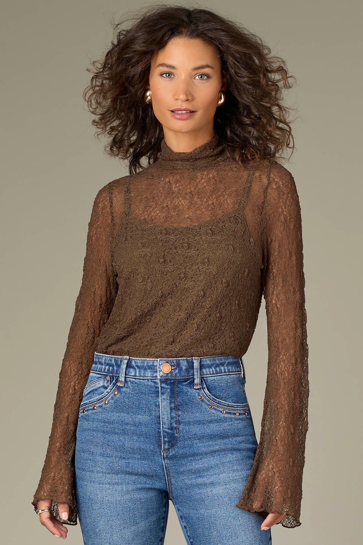 Long Bell Sleeve Turtle Neck Scallop Edge Mesh Knit Top – Wit & Wisdom