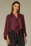 Plum Long Peasant Sleeve Stand Collar Split Neck Tie Abstract Print Round Hem Woven Top