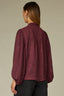 Plum Long Peasant Sleeve Stand Collar Split Neck Tie Abstract Print Round Hem Woven Top