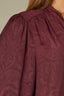 Plum Long Peasant Sleeve Stand Collar Split Neck Tie Abstract Print Round Hem Woven Top