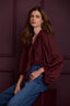 Plum Long Peasant Sleeve Stand Collar Split Neck Tie Abstract Print Round Hem Woven Top