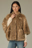 Ginger Snap Multi Overlap Stand Collar Snap Front W&W Brooch Patch Pocket Round Hem Wildlife Printed Knit Faux Fur Capelet