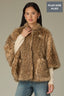 Ginger Snap Multi Overlap Stand Collar Snap Front W&W Brooch Patch Pocket Round Hem Wildlife Printed Knit Faux Fur Plus Size Capelet