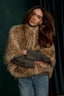 Ginger Snap Multi Overlap Stand Collar Snap Front W&W Brooch Patch Pocket Round Hem Wildlife Printed Knit Faux Fur Capelet