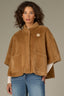 Caramel Latte Overlap Stand Collar Snap Front W&W Brooch Patch Pocket Round Hem Knit Faux Fir Capelet