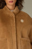 Caramel Latte Overlap Stand Collar Snap Front W&W Brooch Patch Pocket Round Hem Knit Faux Fir Capelet