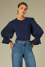 Monaco Blue Three Quarter Puff Smock Flounce Sleeve Round Neck Hook Closure Front Textured Mixed Media Petite Knit Top