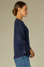 Monaco Blue Three Quarter Puff Smock Flounce Sleeve Round Neck Hook Closure Front Textured Mixed Media Knit Top