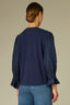 Monaco Blue Three Quarter Puff Smock Flounce Sleeve Round Neck Hook Closure Front Textured Mixed Media Knit Top