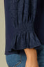 Monaco Blue Three Quarter Puff Smock Flounce Sleeve Round Neck Hook Closure Front Textured Mixed Media Knit Top
