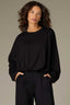 Black Long Pleated Drop Shoulder Barrel Sleeve Crew Neck Bubble Hem Pullover Knit Top
