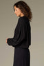 Black Long Pleated Drop Shoulder Barrel Sleeve Crew Neck Bubble Hem Pullover Knit Top
