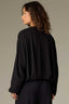 Black Long Pleated Drop Shoulder Barrel Sleeve Crew Neck Bubble Hem Pullover Knit Top
