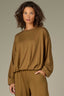Golden Olive Long Pleated Drop Shoulder Barrel Sleeve Crew Neck Bubble Hem Pullover Knit Top