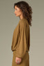 Golden Olive Long Pleated Drop Shoulder Barrel Sleeve Crew Neck Bubble Hem Pullover Knit Top