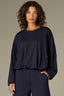 Navy Long Pleated Drop Shoulder Barrel Sleeve Crew Neck Bubble Hem Pullover Knit Top
