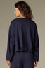 Navy Long Pleated Drop Shoulder Barrel Sleeve Crew Neck Bubble Hem Pullover Knit Top
