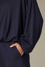 Navy Long Pleated Drop Shoulder Barrel Sleeve Crew Neck Bubble Hem Pullover Knit Top
