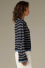 Navy Ecru Long Flounce Sleeve Zip Front Round Neck Curved Hem Stripe Print Mixed Media Jacket