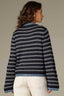 Navy Ecru Long Flounce Sleeve Zip Front Round Neck Curved Hem Stripe Print Mixed Media Jacket