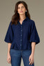 Indigo Raglan Below Elbow Bubble Sleeve Collar Neck Button Down Seaming Dart Peplum Hem Lyocell Woven Top