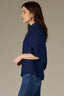 Indigo Raglan Below Elbow Bubble Sleeve Collar Neck Button Down Seaming Dart Peplum Hem Lyocell Woven Top