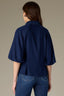 Indigo Raglan Below Elbow Bubble Sleeve Collar Neck Button Down Seaming Dart Peplum Hem Lyocell Woven Top