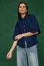 Indigo Raglan Below Elbow Bubble Sleeve Collar Neck Button Down Seaming Dart Peplum Hem Lyocell Woven Top
