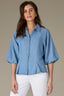 Light Blue Raglan Below Elbow Bubble Sleeve Collar Neck Button Down Seaming Dart Peplum Hem Lyocell Woven Top