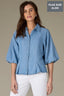 Light Blue Raglan Below Elbow Bubble Sleeve Collar Neck Button Down Seaming Dart Peplum Hem Lyocell Plus Size Woven Top