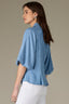 Light Blue Raglan Below Elbow Bubble Sleeve Collar Neck Button Down Seaming Dart Peplum Hem Lyocell Plus Size Woven Top