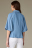 Light Blue Raglan Below Elbow Bubble Sleeve Collar Neck Button Down Seaming Dart Peplum Hem Lyocell Woven Top