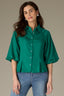 Lake Green Raglan Below Elbow Bubble Sleeve Collar Neck Button Down Seaming Dart Peplum Hem Lyocell Woven Top