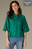 Lake Green Raglan Below Elbow Bubble Sleeve Collar Neck Button Down Seaming Dart Peplum Hem Lyocell Plus Size Woven Top