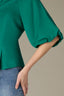 Lake Green Raglan Below Elbow Bubble Sleeve Collar Neck Button Down Seaming Dart Peplum Hem Lyocell Woven Top