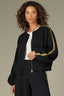 Black Long Blouson Drop Shoulder Stripe Trim Sleeve Round Neck Zip Front Seaming Side Pocket Knit Jacket