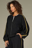 Black Long Blouson Drop Shoulder Stripe Trim Sleeve Round Neck Zip Front Seaming Side Pocket Knit Jacket