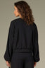Black Long Blouson Drop Shoulder Stripe Trim Sleeve Round Neck Zip Front Seaming Side Pocket Knit Jacket