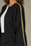 Black Long Blouson Drop Shoulder Stripe Trim Sleeve Round Neck Zip Front Seaming Side Pocket Knit Jacket