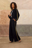 Black Long Blouson Drop Shoulder Stripe Trim Sleeve Round Neck Zip Front Seaming Side Pocket Knit Jacket
