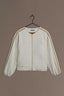 Ecru Long Blouson Drop Shoulder Stripe Trim Sleeve Round Neck Zip Front Seaming Side Pocket Knit Jacket
