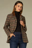 Brown Multi Plaid Long Buttoned Sleeve Triple Button Front Flap Pockets Faux Breast Pocket Suede Contrast Double Back Vent Plaid Print Woven Blazer