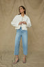 Light Blue Artisanal Denim Contour Shape Technology High Rise Double Button Patch Pocket Cropped Scallop Hem Wide Leg Jean
