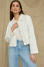 White Long Sleeve Collar Neck Button Down Scallop Placket Patch Pocket Paisley Embroidered Cropped Hem Woven Jacket