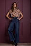 Indigo Denim Contour Shape Technology Skyrise V-Yoke Double Front Slash Pockets Side Panel Dart Seams Petite Wide Leg Jean