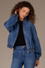 Mid Blue Denim Long Drop Shoulder Sleeve Zip Front Collar Neck Angled Seam Drop-In Pocket Cinched Hem Bomber Jacket