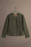Golden Olive Long Puff Shoulder Wide Cuff Sleeve Button Front Front Pockets Peplum Hem Knit Jacket